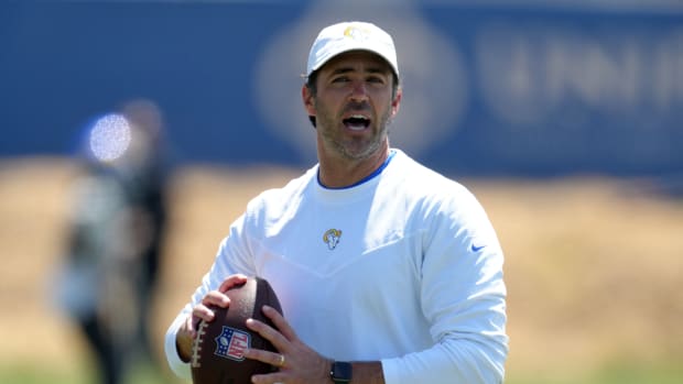 Los Angeles Rams quarterbacks coach Zac Robinson during organized team activities